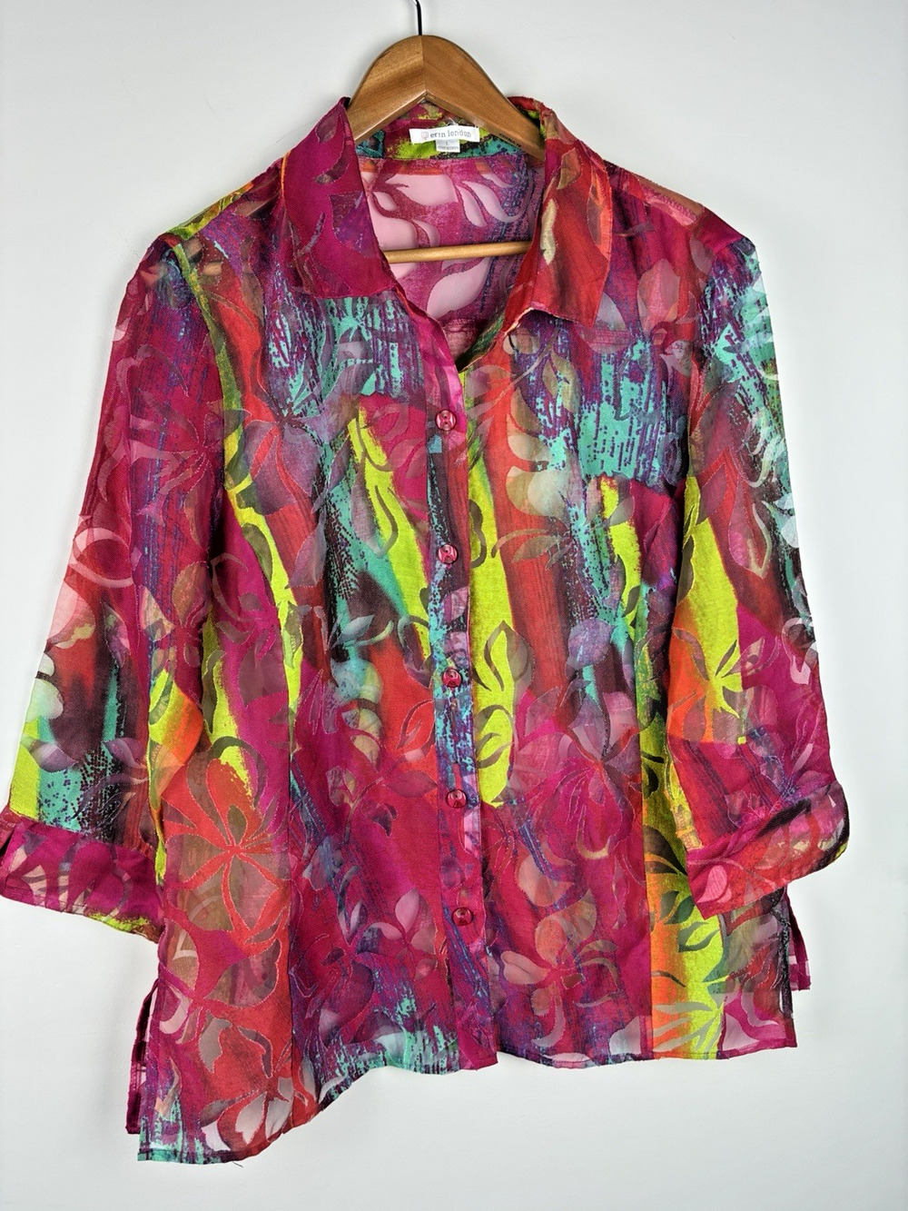 Erin London Women's L Multicolor Floral Sheer Button Front Tunic Blouse Travel